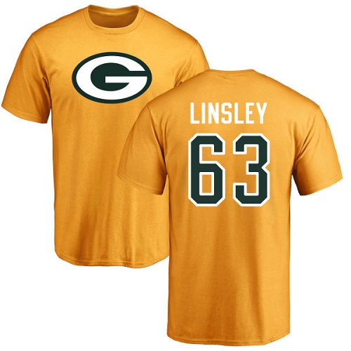 Men Green Bay Packers Gold #63 Linsley Corey Name And Number Logo Nike NFL T Shirt